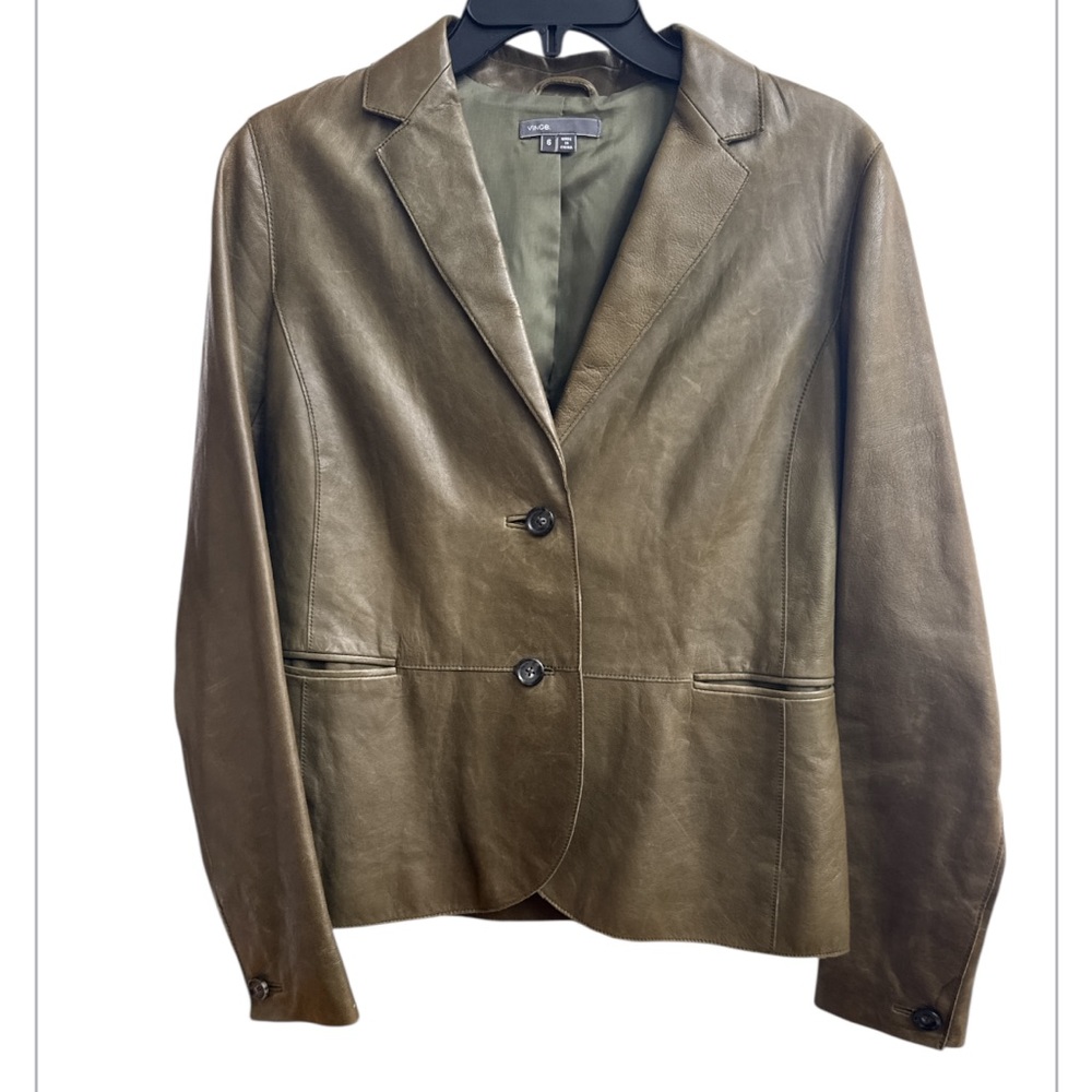 VINCE Saddle Olive Green Leather Jacket Size 6 - Picture 10 of 11